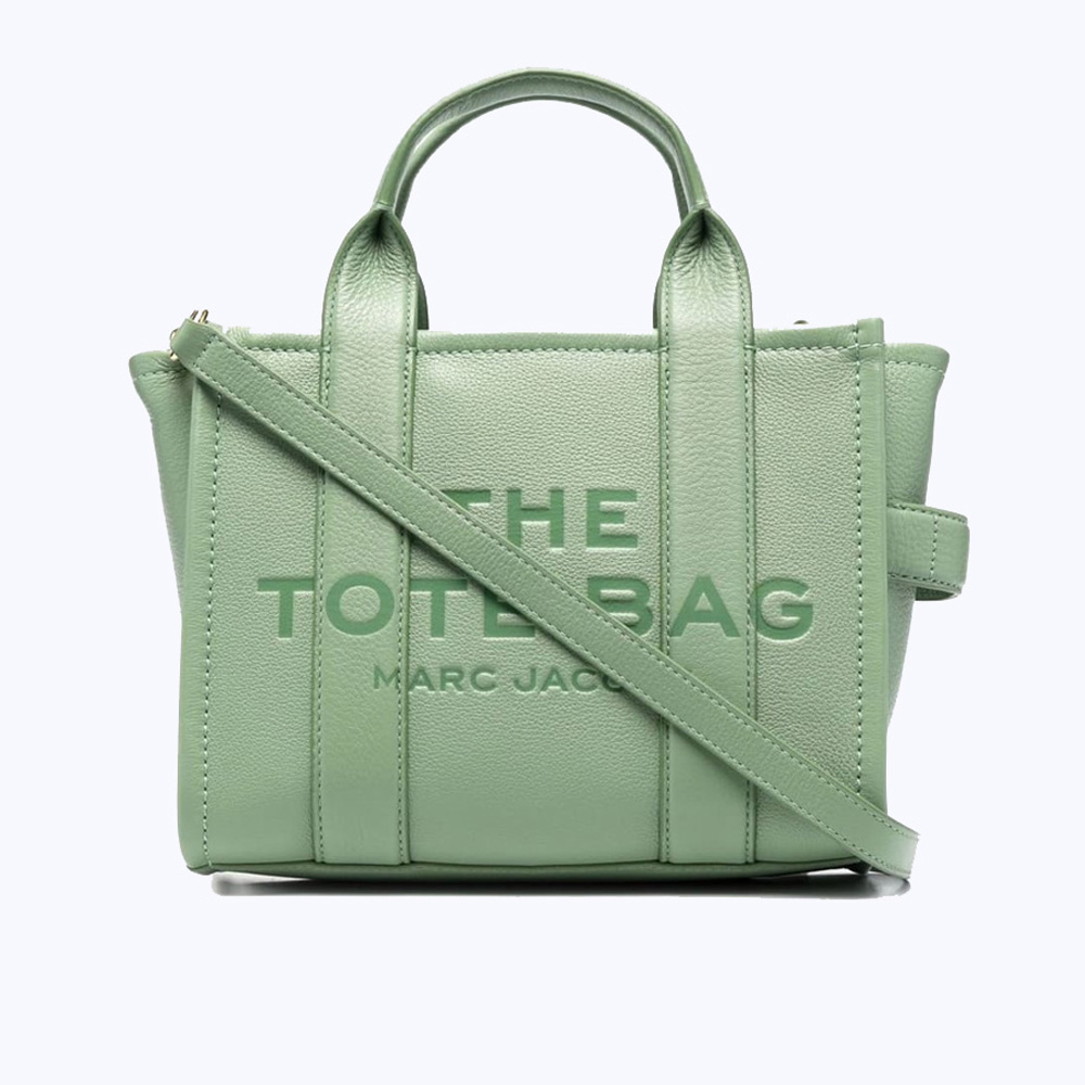 зеленая кожаная сумка тоут среднего размера MARC JACOBS THE LEATHER MEDIUM TOTE BAG ASPEN GREEN CEMENT